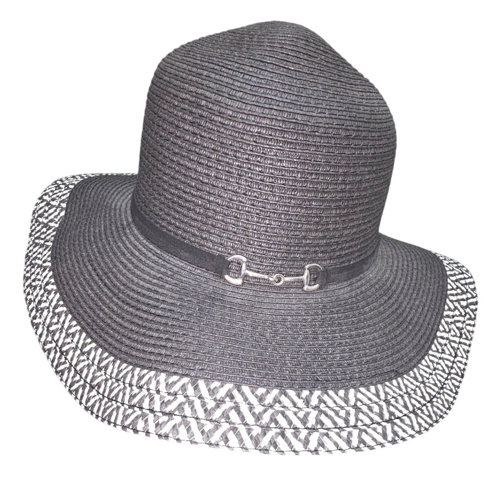 Black Woven Straw Sun Hat Wide Brim White Geometric Trim Horsebit UB151291 OS